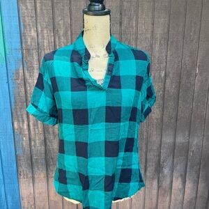 NWOT Women T Shirt V Neck Short Sleeve Top Plaid Print Casual Blouse, Green,XL